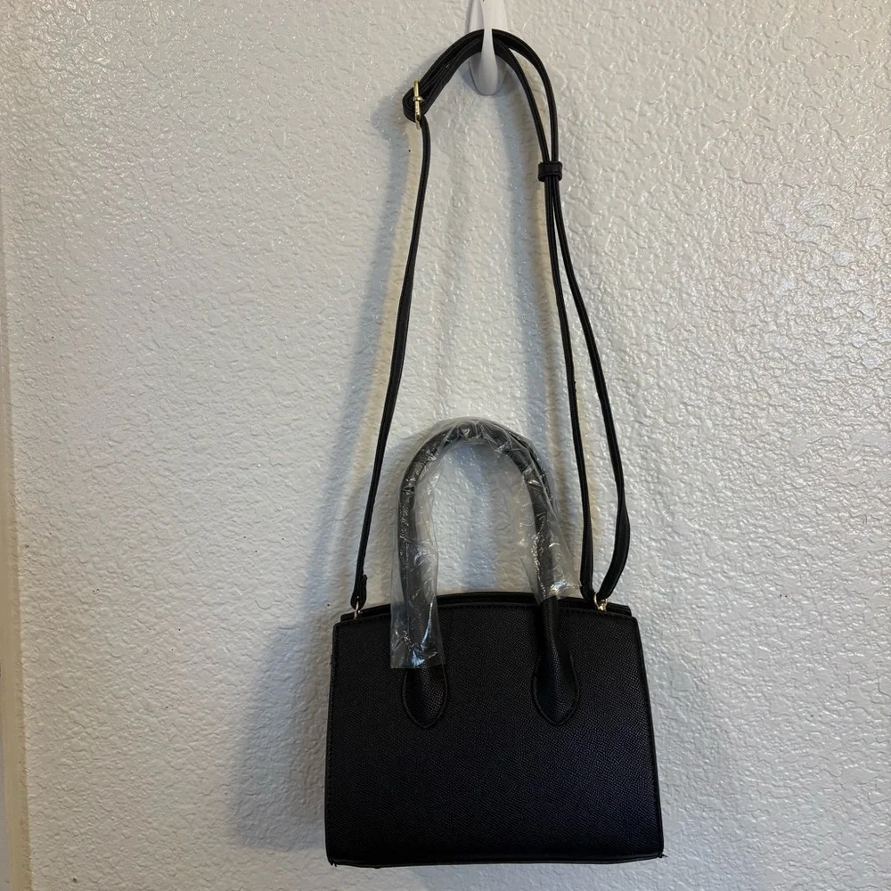 Black Structured Top Handle Satchel Handbag Women Faux Leather Gold Lock